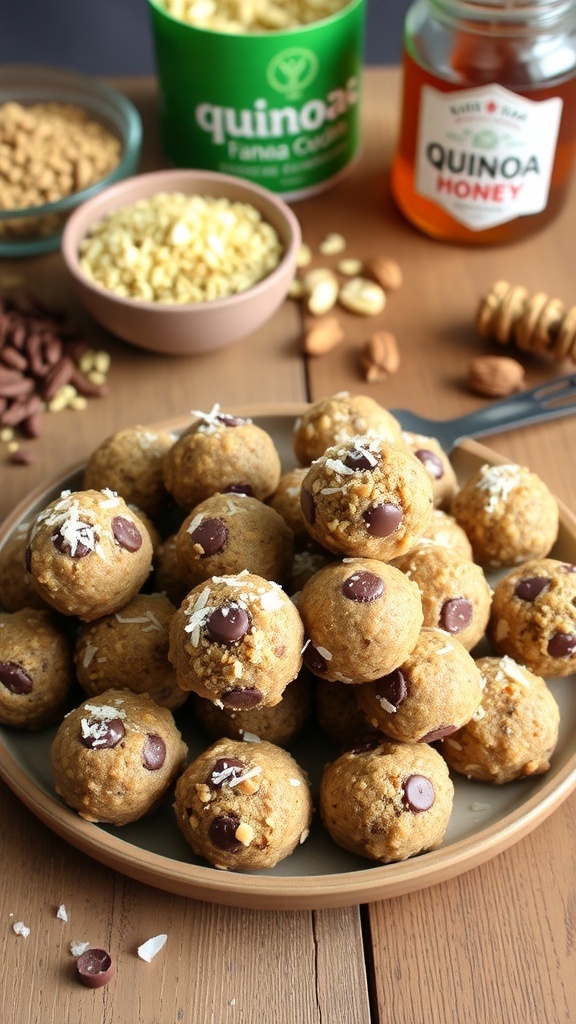 Quinoa Chocolate Energy Bites Recipe A plate of quinoa chocolate energy bites with chocolate chips and coconut, surrounded by healthy ingredients.
